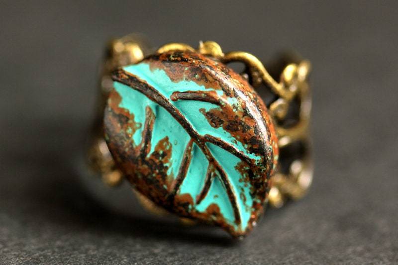 Verdigris Blatt Ring. Knopfring Aus Bronze. Verstellbar Natur-Ring. Verstellbarer Natur Schmuck. Handmade von StumblingOnSainthood