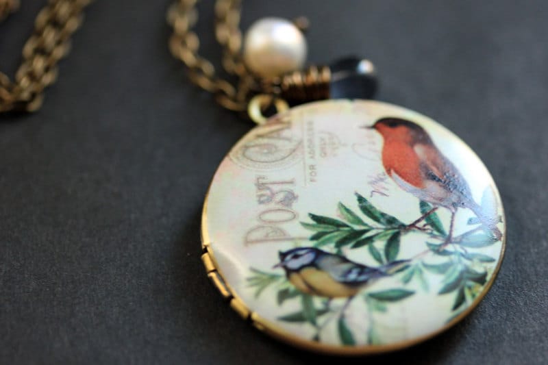 Vogel Halskette. Rotkehlchen Und Blau Locket Bronze Kette Mit Dunkelblauem Tropfen Perle. Bronze-Medaillon. Handmade Schmuck von StumblingOnSainthood