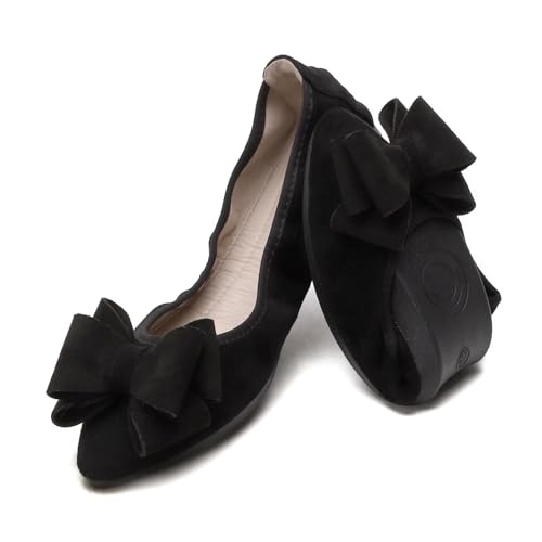 Stunner Faltbare Damen-Ballerinas mit spitzem Zehenbereich, Strass, modische flache Schuhe, Schleife Schwarz, 38.5 EU von Stunner