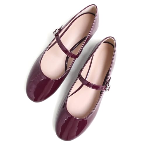 Stunner Flache Damen-Lederschuhe – bequeme flache Schuhe mit quadratischer Zehenpartie, Mary Jane, Round 3 Wine Red, 41 EU von Stunner