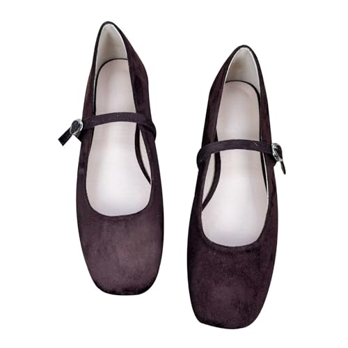 Stunner Mary Jane Ballerinas für Damen, Retro, quadratischer Zehenbereich, weich, bequem, doppellagig, Riemen, Hochzeit, elegant, Größe 32, D Dunkelbraun, 37 EU von Stunner