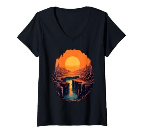 Damen Majestätischer Sonnenuntergang über Canyon Design T-Shirt mit V-Ausschnitt Damen Majestätischer Sonnenuntergang über Canyon Design T-Shirt mit V-Ausschnitt von Stunning Sunset Canyon Illustration Design