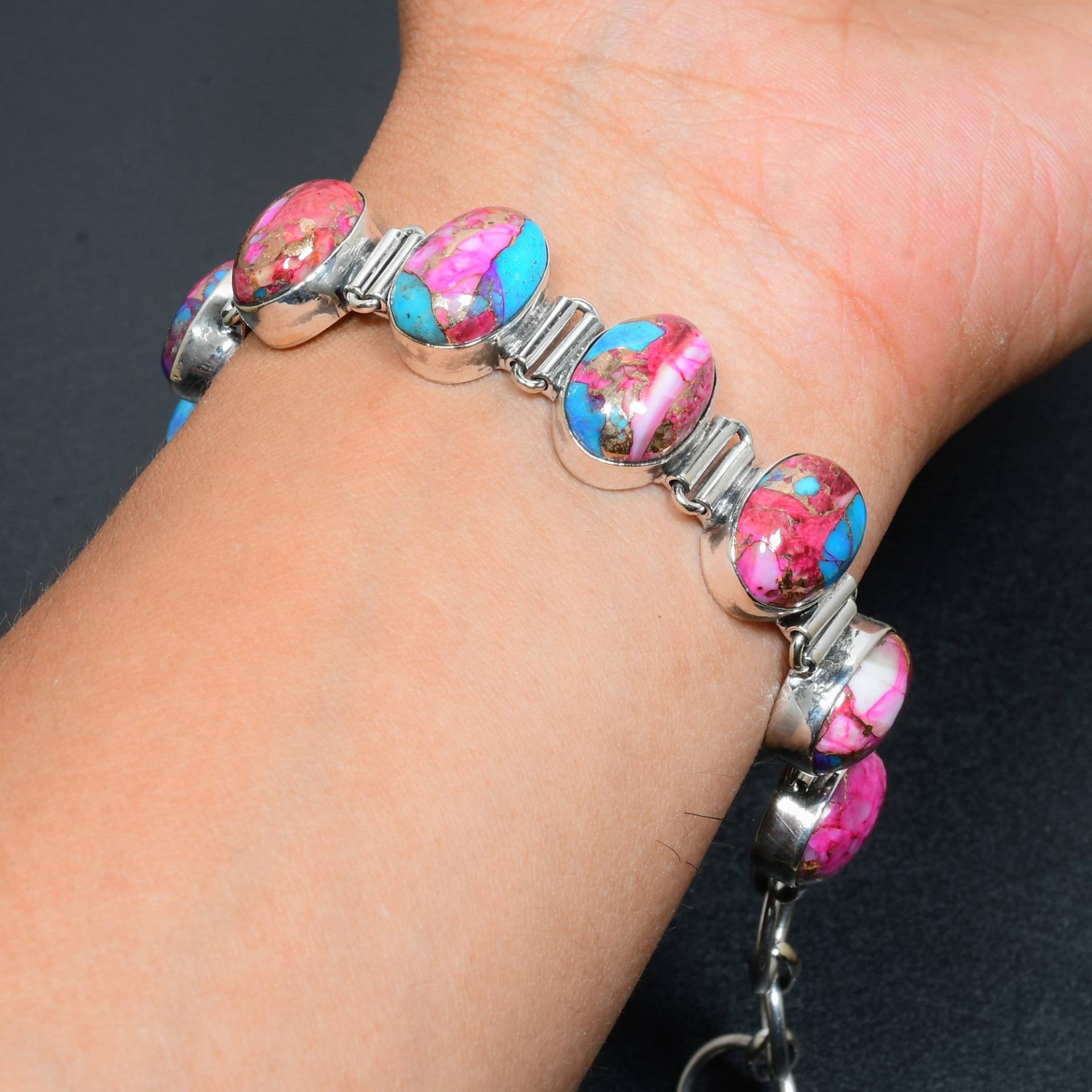 King Man Pink Spiny Oyster Natürliches Armband Edelstein Handgemachte 925 Sterling Silber Für Geschenk von StunningJewelryUsa