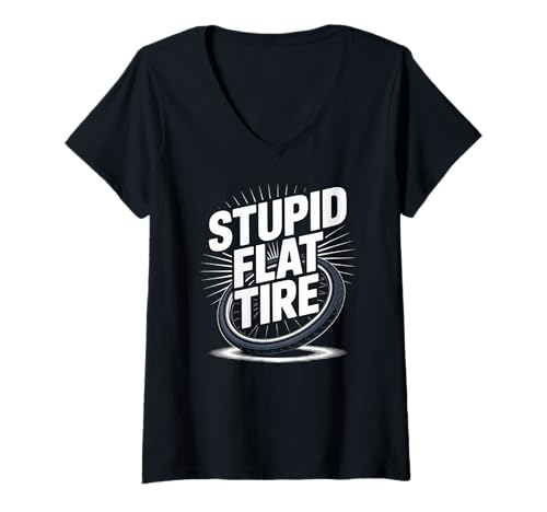 Damen Stupid Flat Tire Fahrrad Rad Wortspiel Rolling Humor T-Shirt mit V-Ausschnitt Damen Stupid Flat Tire Fahrrad Rad Wortspiel Rolling Humor T-Shirt mit V-Ausschnitt von Stupid Flat Tire Bicycle Motorcycle Humor