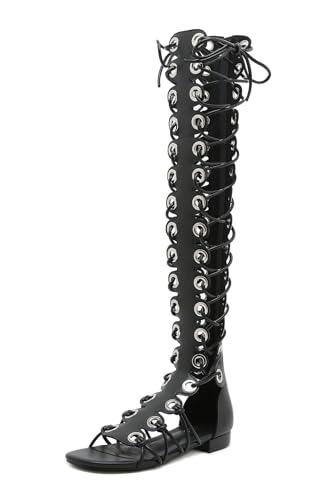STUPMARY Damen Peep-Toe-Schnürsandalen mit Cut-Outs, Kreuzbindung, flacher Absatz, Gladiator-Sandalen, Reißverschluss, Overknee-Stiefel, Sommer, Schwarzer flacher Absatz, 39.5 EU STUPMARY Damen Peep-Toe-Schnürsandalen mit Cut-Outs, Kreuzbindung, flacher Absatz, Gladiator-Sandalen, Reißverschluss, Overknee-Stiefel, Sommer, Schwarzer flacher Absatz, 39.5 EU von Stupmary
