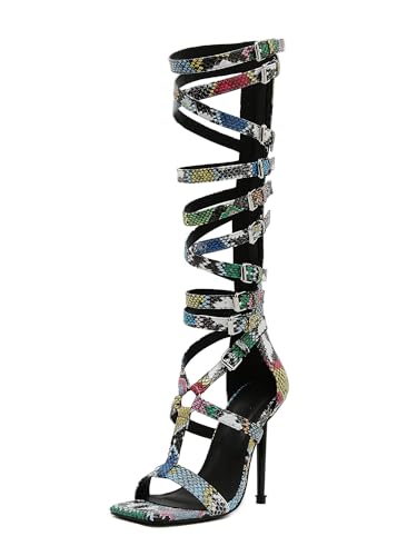 STUPMARY Peep-Toe-Sandalen für Damen, Cut-Outs, gekreuzte Schnürung, hochhackig, Gladiator-Sandalen, Reißverschluss, Overknee-Stiefel, Sommer, Farbiger Schlangenaufdruck, 38.5 EU STUPMARY Peep-Toe-Sandalen für Damen, Cut-Outs, gekreuzte Schnürung, hochhackig, Gladiator-Sandalen, Reißverschluss, Overknee-Stiefel, Sommer, Farbiger Schlangenaufdruck, 38.5 EU von Stupmary