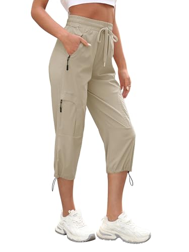 StylSense Caprihose Damen Sommer Casual 3/4 Hose Atmungsaktiv Outdoor Jogginghose Wanderhose Stretch Leichte Sommerhose mit Taschen（Khaki,XXL von StylSense