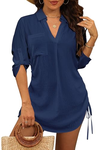 StylSense Damen Strandkleid Sommer Bikini Cover Up Badeanzug Sommerkleider Damen Leicht Strandponcho bluse mit Tunnelzug (Blau, XL) von StylSense