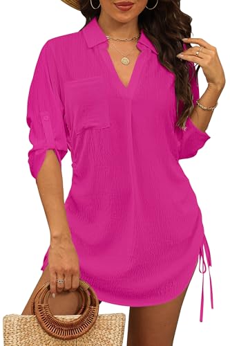 StylSense Damen Strandkleid Sommer Bikini Cover Up Badeanzug Sommerkleider Damen Leicht Strandponcho bluse mit Tunnelzug (Rose Rot, XL) von StylSense