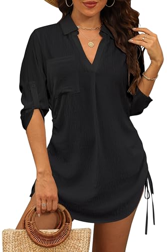 StylSense Damen Strandkleid Sommer Bikini Cover Up Badeanzug Sommerkleider Damen Leicht Strandponcho bluse mit Tunnelzug (Schwarz, M) von StylSense