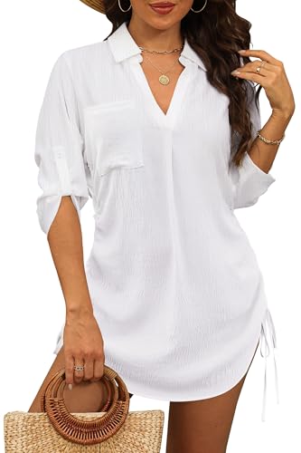 StylSense Damen Strandkleid Sommer Bikini Cover Up Badeanzug Sommerkleider Damen Leicht Strandponcho bluse mit Tunnelzug (Weiß, XXL) von StylSense