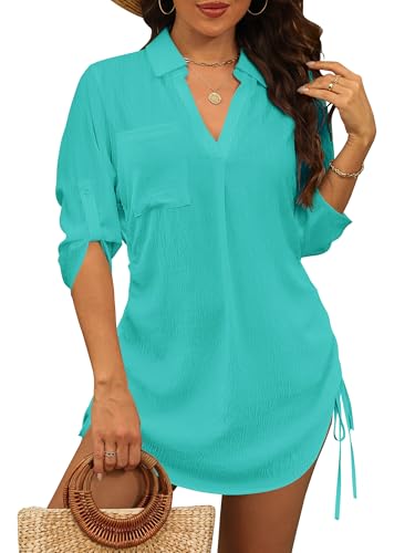 StylSense Damen Strandkleid Sommer Bikini Cover Up Badeanzug Sommerkleider Damen Leicht Strandponcho bluse mit Tunnelzug (Grün, M) von StylSense