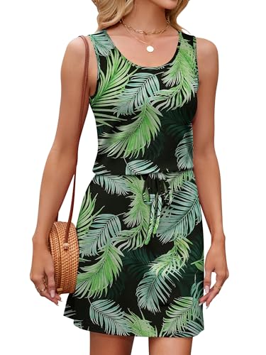 StylSense Sommerkleid Damen Ärmellos Casual Minikleid Elegant Blumenkleid Rundhals Hohe Taille Strandkleid mit Taschen(Blattmuster,L) von StylSense