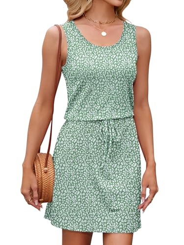 StylSense Sommerkleid Damen Ärmellos Casual Minikleid Elegant Blumenkleid Rundhals Hohe Taille Strandkleid mit Taschen(Grün,XL) von StylSense