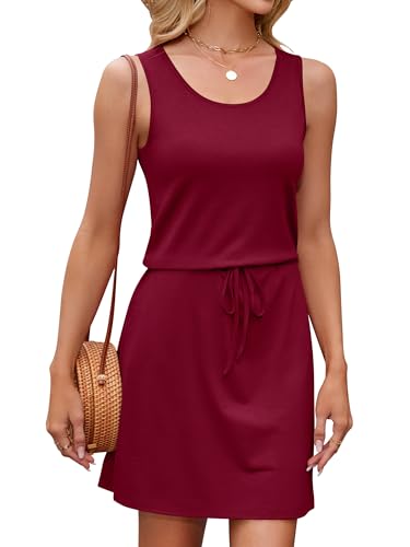 StylSense Sommerkleid Damen Ärmellos Casual Minikleid Elegant Blumenkleid Rundhals Hohe Taille Strandkleid mit Taschen(Weinrot,S) von StylSense