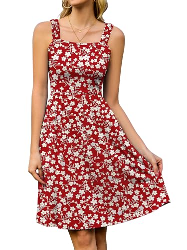 StylSense Sommerkleid Damen Knielang Ärmelloses Blumenkleid mit Quadrat-Ausschnitt Casual Strandkleid mit Taschen für Strand Urlaub (Rot,2XL) von StylSense
