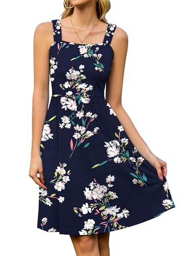 StylSense Sommerkleid Damen Knielang Ärmelloses Blumenkleid mit Quadrat-Ausschnitt Casual Strandkleid mit Taschen für Strand Urlaub (Marineblau,S) von StylSense