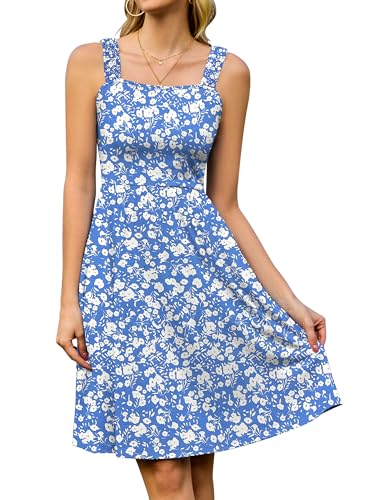 StylSense Dresses for Women Knielang Ärmelloses Blumenkleid mit Quadrat-Ausschnitt Casual Strandkleid mit Taschen für Strand Urlaub (Blau,2XL) von StylSense
