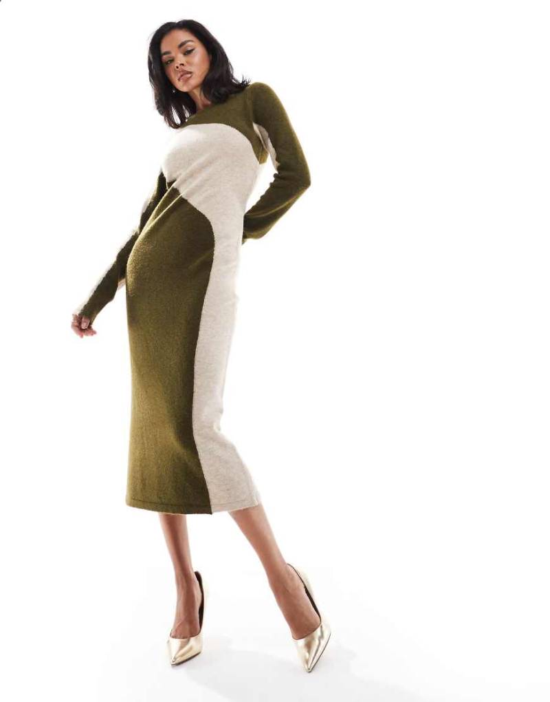 Style Cheat - Midi-Strickkleid in Khaki und Cremeweiß mit Blockfarben-Design-Grün von Style Cheat