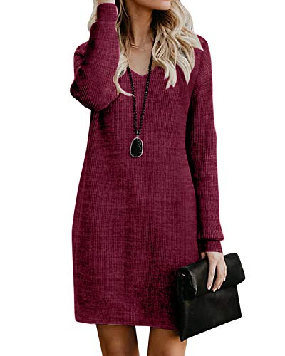 Style Dome Pulloverkleid Damen Elegant Strickkleider V-Ausschnitt Langarm Strickpullover Stricken Kleider Rot S von Style Dome