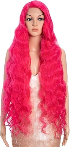 Style Icon Hot Pink Super Long Wave Lace Front Wig 40 Inches Long Body Wave Wig for Women Curly Synthetic Side Part Lace Front Wig Pre Plucked Heat Resistant Fiber von Style Icon
