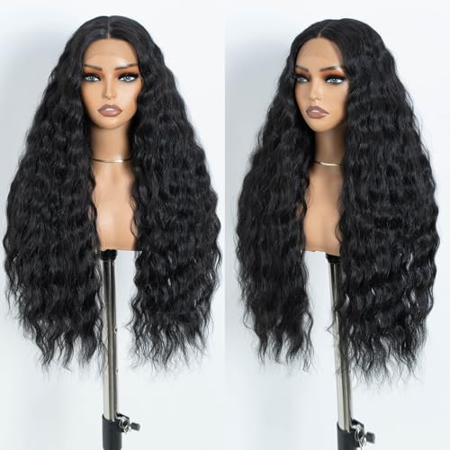 Style Icon lange schwarze lockige Spitze Front Perücken für Frauen 30 Zoll Wasserwelle Perücke T Teil Spitze Perücke Synthetisches Haar (1B) von Style Icon