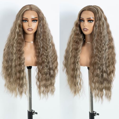 Style Icon Lange Braune Lockige Spitze Front Perücken für Frauen 30 Zoll Wasserwelle Perücke T Teil Spitze Perücke Synthetisches Haar (FS12/16/613) von Style Icon