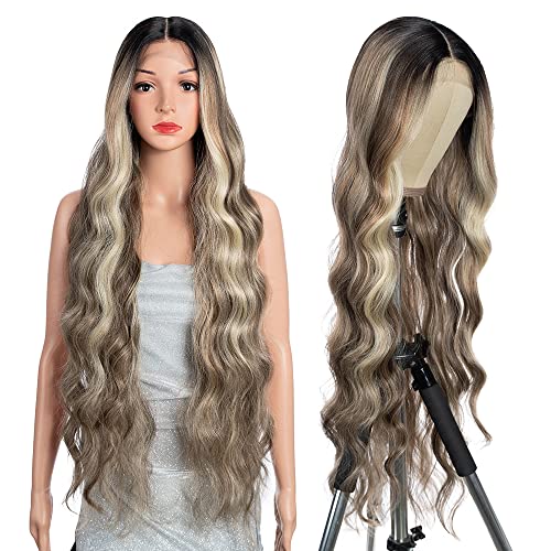 Style Icon Lange Wellig Perücke Highlight Synthetische Lace Front Perücke für Damen 91 cm Super lange Körperwellenperücke mit Babyhaar 13x5x1 Mittelscheitel Spitze Hitzebeständige Faser 150% Dichte von Style Icon
