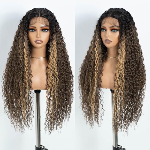 Style Icon Lange Deep Curly Wave Lace Front Perücken für Frauen 76cm Highlight Braun Lange Curly Perücke Synthetische Lace Front Perücke T Teil Perücke (TTHL 4/10A/26F) von Style Icon