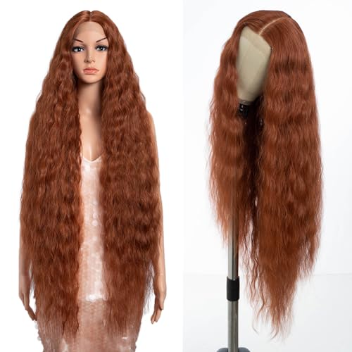 Style Icon rötlichbraun Super lange Lace Front Perücke - 104 cm lange lockige Perücke für Damen - Synthetische Spitzenperücke mit T-Part und Hitzebeständiger Faser von Style Icon
