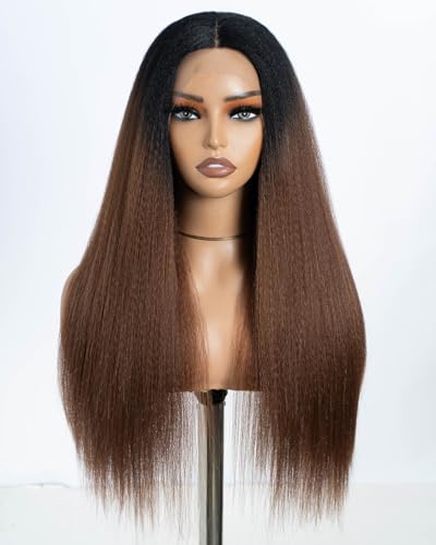 Style Icon Perücke Damen Perücke Braun Ombre Lace Front Wigs 60 cm glatt Kunsthaar Perücken mit Mittelscheitel synthetische Faser Filmansatz von Style Icon