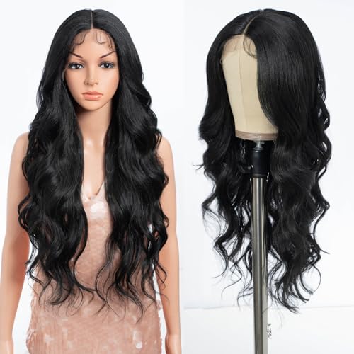 Style Icon Perücke Long Wavy Synthetische Lace Front Wig for Damen 71 cm Lange Body Wave Perücke Pre Pluck mit Babyhaar Mittelscheitel Spitze 150% Dichte (1B) von Style Icon