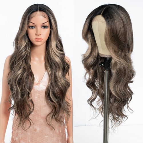 Style Icon Perücke Long Wavy Synthetische Lace Front Wig for Damen 71 cm Lange Body Wave Perücke Pre Pluck mit Babyhaar Mittelscheitel Spitze 150% Dichte (NTPDHL1B/8/26R) von Style Icon