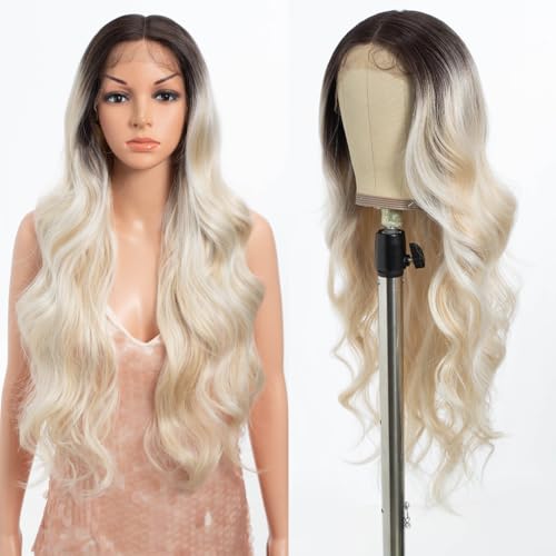 Style Icon Perücke Long Wavy Synthetische Lace Front Wig for Damen 71 cm Lange Body Wave Perücke Pre Pluck mit Babyhaar Mittelscheitel Spitze 150% Dichte (TTPG 6/613F/1001E) von Style Icon