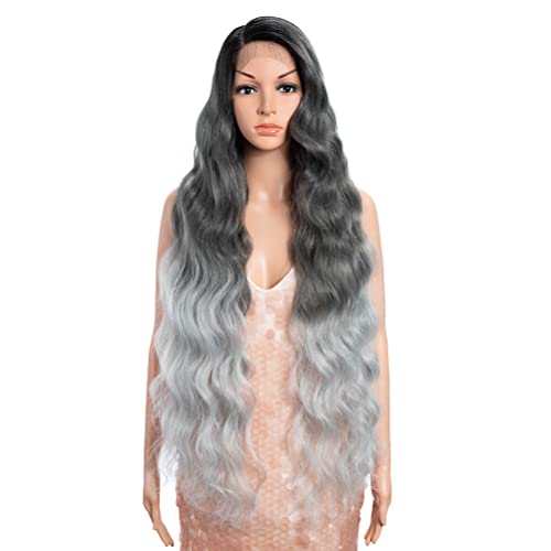 Style Icon Super Long Curly Wavy Perücken für Frauen 91cm Grauer Farbverlauf Side Part Lace Front Perücken Pre Plucked mit Baby Hair Synthetic High Temperature Fiber von Style Icon