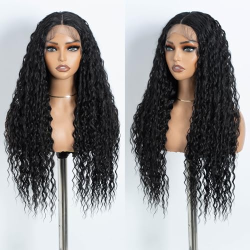 Style Icon Long Deep Curly Wave Lace Front Perücke 30 inches Long Water Wave Perücke für Frauen T Part Lace Perücke mit Babyhaar Synthetische Hitzebeständige Faser (C1B) von Style Icon