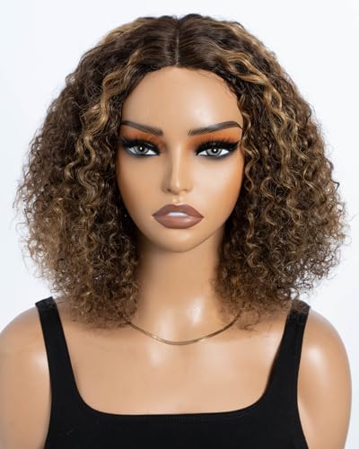 Style Icon Echthaar Perücke Short Curly Bob Wigs Human Hair Wear to Go Glueless Wig for Women 10 inch Deep Curly Bob Wigs Jerry Curly Bob Wig Non Lace Front (TT PI4/27, middle part) von Style Icon