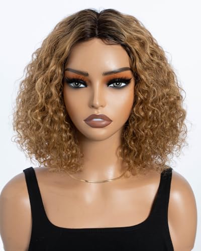 Style Icon Echthaar Perücke Short Curly Bob Wigs Human Hair Wear to Go Glueless Wig for Women 10 inch Deep Curly Bob Wigs Jerry Curly Bob Wig Non Lace Front (TT2/27, middle part) von Style Icon