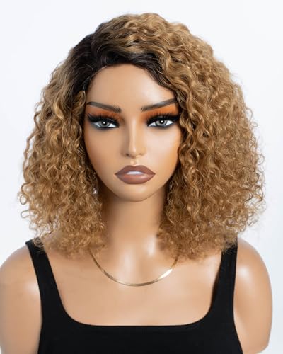 Style Icon Echthaar Perücke Short Curly Bob Wigs Human Hair Wear to Go Glueless Wig for Women 10 inch Deep Curly Bob Wigs Jerry Curly Bob Wig Non Lace Front (TT2/27, side part) von Style Icon