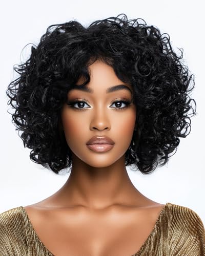 Style Icon Perücke Short Curly Human Hair Wig with Bangs for Women Curly Bob Glueless Wig Short Curly Bangs Wigs Afro Curly Wig with Bangs Pixie Cut Wig (1B) von Style Icon