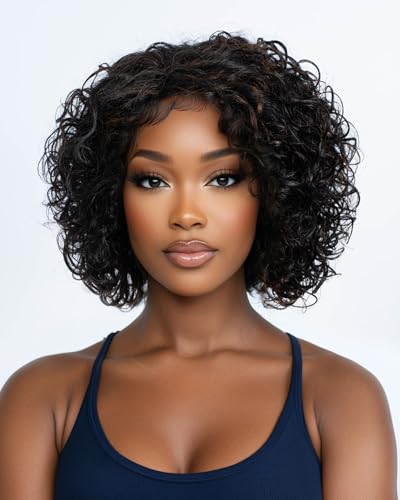 Style Icon Perücke Short Curly Human Hair Wig with Bangs for Women Curly Bob Glueless Wig Short Curly Bangs Wigs Afro Curly Wig with Bangs Pixie Cut Wig (F1B/30) von Style Icon