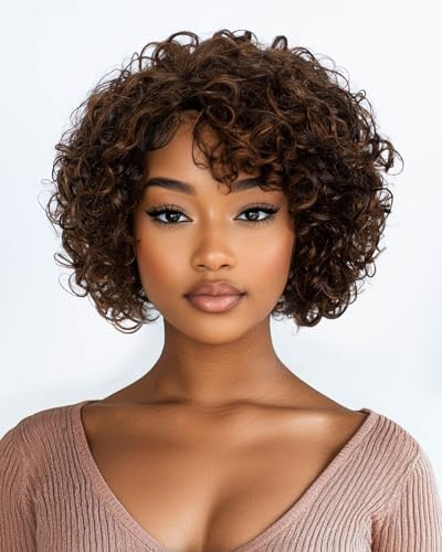 Style Icon Perücke Short Curly Human Hair Wig with Bangs for Women Curly Bob Glueless Wig Short Curly Bangs Wigs Afro Curly Wig with Bangs Pixie Cut Wig (P4/30) von Style Icon