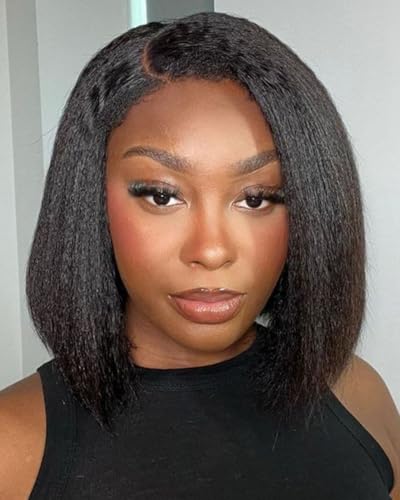Style Icon Echthaar Perücke Short Kinky Straight Bob Human Hair Wig with 4C Kinky Curly Edges Hairline Wear and Go Glueless Bob Wig for Women 12 Inch Pre Plucked Pre Cut Bob Wig (10 inch) von Style Icon