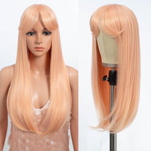 Style Icon Rosa Perücke mit Pony Lange gerade Synthetikhaarperücke mit Vorhang und Pony für Frauen für den täglichen Partygebrauch 23 Zoll (TFC22) von Style Icon