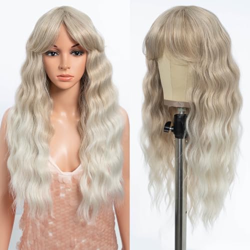 Style Icon Blonde Weiße Perücke mit Pony Lange gelockte gewellte Synthetikhaarperücke mit Vorhang und Pony für Frauen für den täglichen Partygebrauch 25 Zoll (T14F/56E) von Style Icon