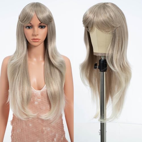 Style Icon Leinen Blonde Perücke mit Pony Langes geschichtetes gewelltes gerades Haar Vorhang Pony Perücke für Frauen Synthetisch Täglich Party Gebrauch 26.5 Zoll (T-LINEN62) von Style Icon