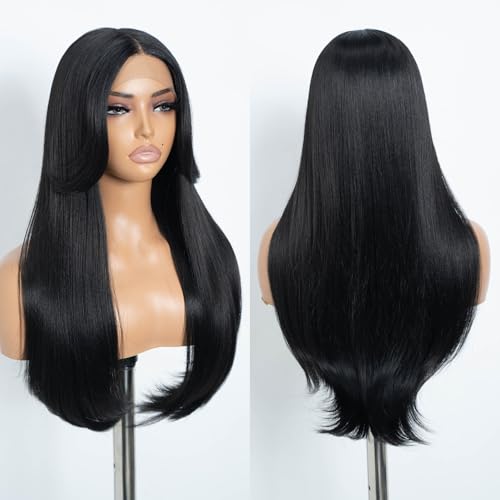 Style Icon Perücke Synthetic Lace Front Wigs HD Lace Middle Part Wigs Long Wigs for Women Pre Plucked Wigs with Bangs of Door Curtain Style (24 Inches, 1B) von Style Icon