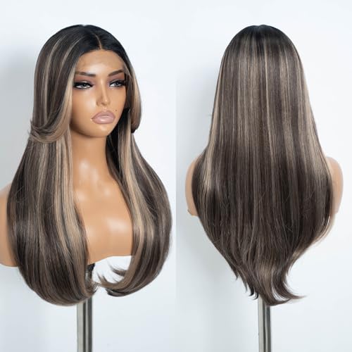 Style Icon Curtain Bangs Perücke Synthetische Spitze Front Perücke Highlight Braun T Teil Spitze Lange Geschichtete Welle Perücken für Frauen 24 Zoll (NTPDHL 1B/8/26R) von Style Icon