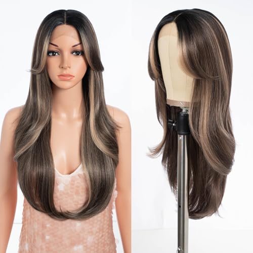 Style Icon Highlight Braun Curtain Bangs Perücke Synthetische Lace Front Perücke T Part Lace Long Layered Wave Perücken für Damen 26 Zoll (NTPDHL 1B/8/26R) von Style Icon
