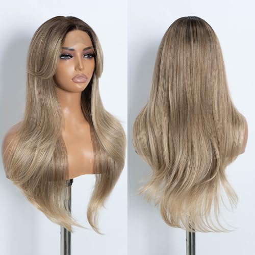 Style Icon Curtain Bangs Perücke Synthetische Lace Front Perücke Honigblondine T Part Lace Long Layered Wave Perücken für Damen 26 Zoll (TATHL 10A/6C/24J) von Style Icon